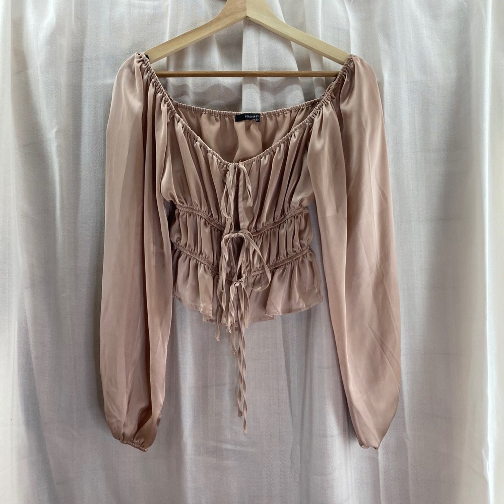 Forever 21 Satin Tie Front Ruched Peplum Blouse Pink Long Sleeve Romanic Date‎